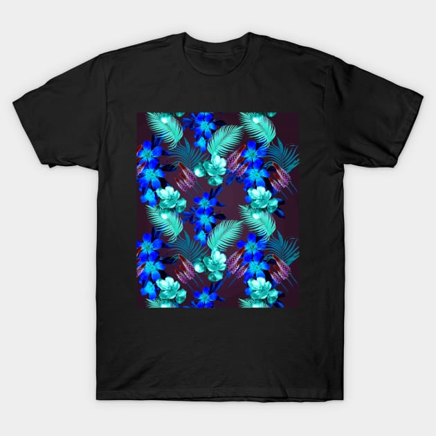Palm Leaves And Flowers, Blue Purple T-Shirt by Random Galaxy